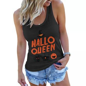 Hallo Queen Witch Hat Pumpkin Cat Halloween Quote Women Flowy Tank - Monsterry