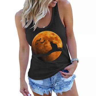 Halloween Black Cat Orange Full Moon And Bats Women Flowy Tank - Seseable
