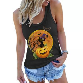 Halloween Cute Witch Cat Mom Pumpkin Moon Spooky Cat Women Flowy Tank - Seseable