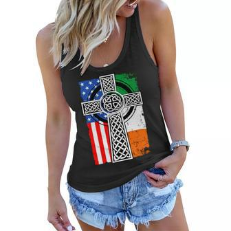 Irish American Usa Flag Celtic Cross St Patricks Day Tshirt Women Flowy Tank - Monsterry
