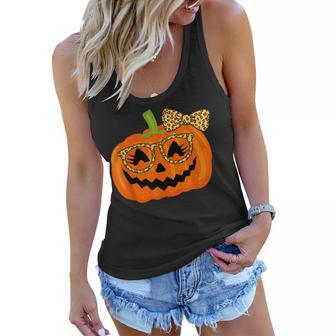 Jack O Lantern Face Pumpkin Halloween Leopard Print Glasses V6 Women Flowy Tank - Seseable
