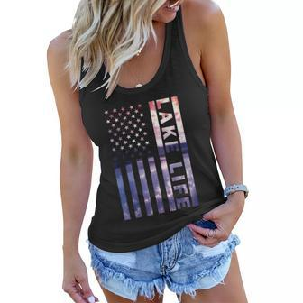 Lake Life American Flag Dock Sunset Wakeboarder Power Boat Women Flowy Tank - Monsterry CA