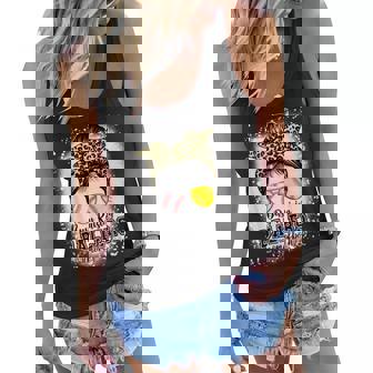 Messy Bun Mom Of Both Baseball Softball Busy Raising Ballers V2 Women Flowy Tank - Thegiftio