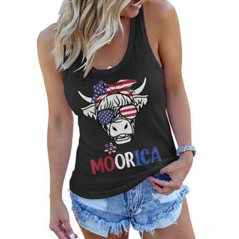 Moorica Highland Cow 4Th Of July Design Usa Patriotic Cow V2 Women Flowy Tank - Seseable