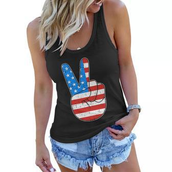 Peace Hand Sign With Usa American Flag For 4Th Of July Funny Gift Women Flowy Tank - Monsterry AU