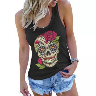 Pink Rose Sugar Skull Dia De Los Muertos Mexican Halloween Women Flowy Tank - Thegiftio UK