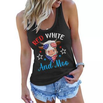 Red White And Moo 4Th Of July Cow Usa Flag Farmer Patriotic V2 Women Flowy Tank - Seseable