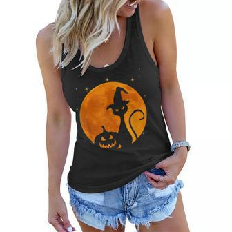 Vintage Scary Halloween Black Cat Costume Witch Hat & Moon V2 Women Flowy Tank - Seseable