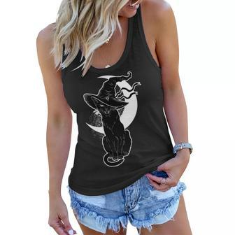 Vintage Scary Halloween Black Cat Moon Witch Tshirt Women Flowy Tank - Monsterry