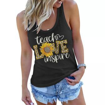 Womens Teach Love Inspire Cute Sunflower Leopard Cheetah Print Gift Raglan Baseball Women Flowy Tank - Thegiftio UK