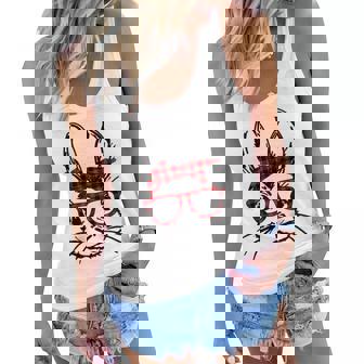 Cute Bunny Face Red Buffalo Plaid Glasses Happy Easter Day Women Flowy Tank - Thegiftio