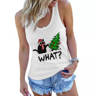 Funny Black Cat Gift Pushing Christmas Tree Over Cat What Tshirt Women Flowy Tank - Thegiftio UK