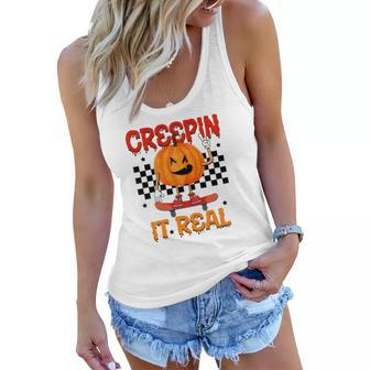 Funny Pumpkin Skateboarding Creepin It Real Halloween Women Flowy Tank - Seseable