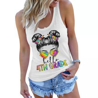 Hello 4Th Fourth Grade Messy Bun Back To School Tie Dye Girl Women Flowy Tank - Seseable