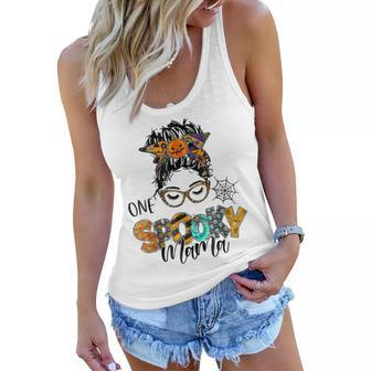 One Spooky Mama For Halloween Messy Bun Mom Monster Bleached Women Flowy Tank - Seseable
