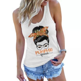 Pumpkin Queen Pumpkin Messy Bun Fall Autumn Thanksgiving Women Flowy Tank - Thegiftio UK