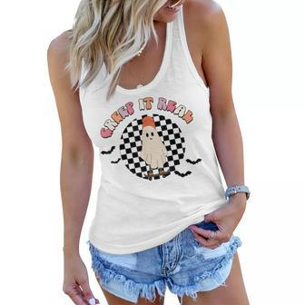 Retro Checkered Creep It Real Ghost Skater Funny Halloween Women Flowy Tank - Seseable