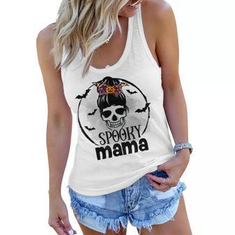 Spooky Mama Funny Halloween Mom Messy Bun Spooky Vibes Women Flowy Tank - Seseable