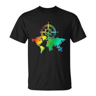 Compass Globe Cartography Travelling Colorful World Map Gift Graphic Design Printed Casual Daily Basic Unisex T-Shirt