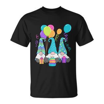 3 Birthday Gnomes Birthday Cake Presents Confetti Unisex T-Shirt - Monsterry