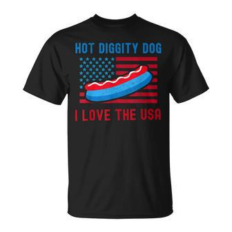 4Th Of July Hot Diggity Dog I Love The Usa Funny Hot Dog Unisex T-Shirt - Seseable