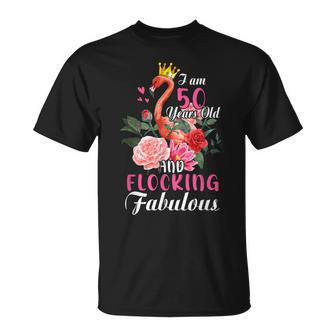 I Am 50 Years Old And Flocking Fabulous Flamingo Flowers T-shirt - Thegiftio UK