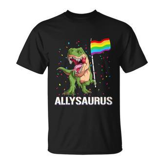 Allysaurus Dinosaur In Rainbow Flag For Ally Lgbt Pride Unisex T-Shirt - Monsterry