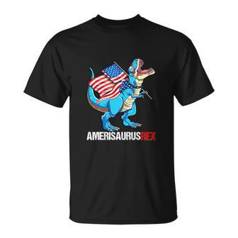 American Flag Funny 4Th Of July T Rex Dinosaur Unisex T-Shirt - Monsterry