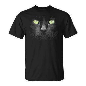 Beautiful Black Cat Face Big Green Eyes Cool Halloween Cats Unisex T-Shirt - Seseable