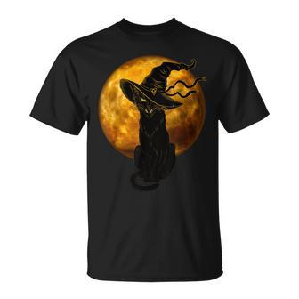 Beautiful Halloween Black Cat With Witch Hat Full Moon - Cat Unisex T-Shirt - Seseable
