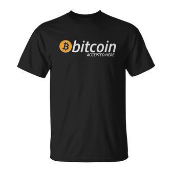 Bitcoin Accepted Here Cryptocurrency Logo Unisex T-Shirt - Monsterry UK