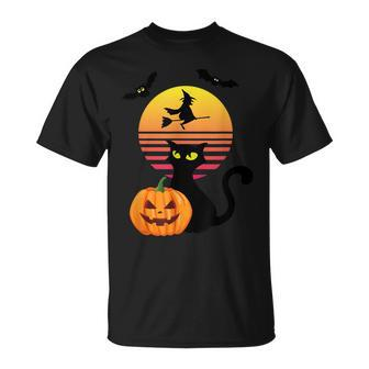 Black Cat Bat Witch And Pumpkin At Sunset On Halloween Unisex T-Shirt - Seseable