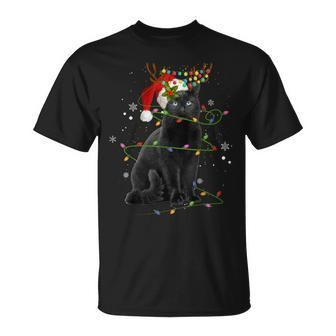 Black Cat Christmas Lights Xmas Reindeer Cat Pajama T-shirt - Thegiftio UK