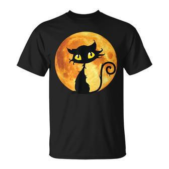 Black Cat Full Moon Halloween Cool Funny Ideas For Holidays Unisex T-Shirt - Seseable