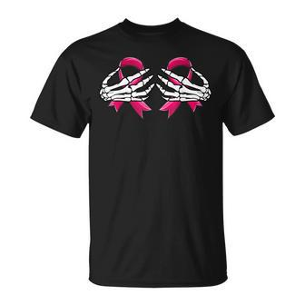 Boob Skeleton Hand On Breast Cancer Ribbon Halloween V3 T-shirt - Thegiftio UK
