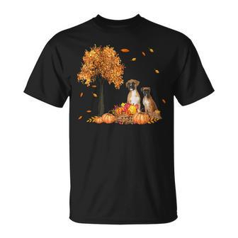Boxer Autumn Leaf Fall Dog Lover Thanksgiving Halloween Unisex T-Shirt - Seseable
