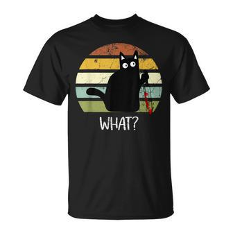 Cat What Funny Halloween Black Cat With Knife Unisex T-Shirt - Seseable