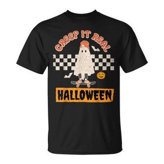 Creep It Real Retro Halloween Funny Ghost Skateboarding Unisex T-Shirt - Seseable