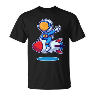 Cute Astronaut On Rocket Cartoon Unisex T-Shirt - Monsterry UK
