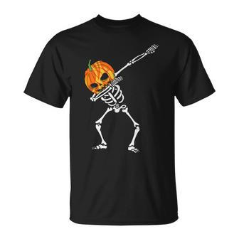 Dabbing Skeleton Pumpkin Head - Halloween Dancing Skeleton Unisex T-Shirt - Seseable