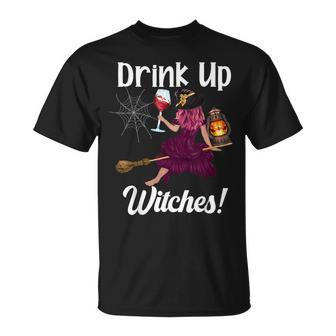 Drink Up Witches Funny Witch With Big Wine Glass Halloween Unisex T-Shirt - Seseable