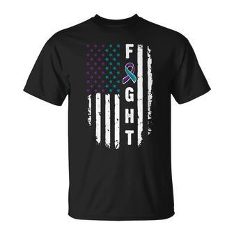 Fight Suicide Prevention Teal Purple Ribbon Us Flag Unisex T-Shirt - Monsterry UK