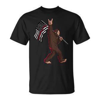 Firefighter Thin Red Line Firefighter Flag Bigfoot Rock And Roll V2 Unisex T-Shirt - Seseable