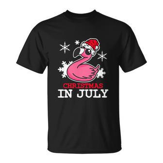 Flamingo Funny Christmas In July Santa Hat Unisex T-Shirt - Monsterry