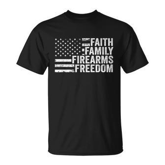 Funny Anti Biden Faith Family Firearms & Freedom Pro God Guns American Flag Unisex T-Shirt - Monsterry