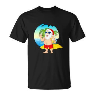Funny Christmas In July 2022 Santa Hawaiian Beach Unisex T-Shirt - Monsterry