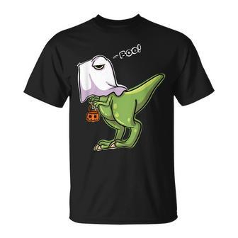 Funny Dinosaur Dressed As Halloween Ghost For Trick Or Treat Unisex T-Shirt - Seseable