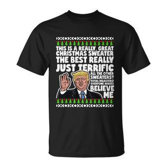 Funny Donald Trump Ugly Christmas Sweater Parody Speech Gift Unisex T-Shirt - Monsterry