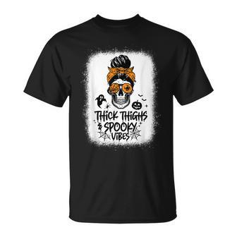 Funny Thick Thighs & Spooky Vibes Skull Messy Bun Halloween Unisex T-Shirt - Seseable