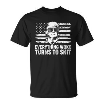 Funny Trump Everything Woke Turns To Shit Distressed Usa American Flag Tshirt Unisex T-Shirt - Monsterry AU